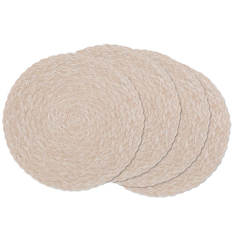 SHACOS Round Braided Placemats 15 inch Set of 4 Boho Woven Washable Kitchen Table Placemats for Home Wedding Party (T-Beige, 4) - Image 1